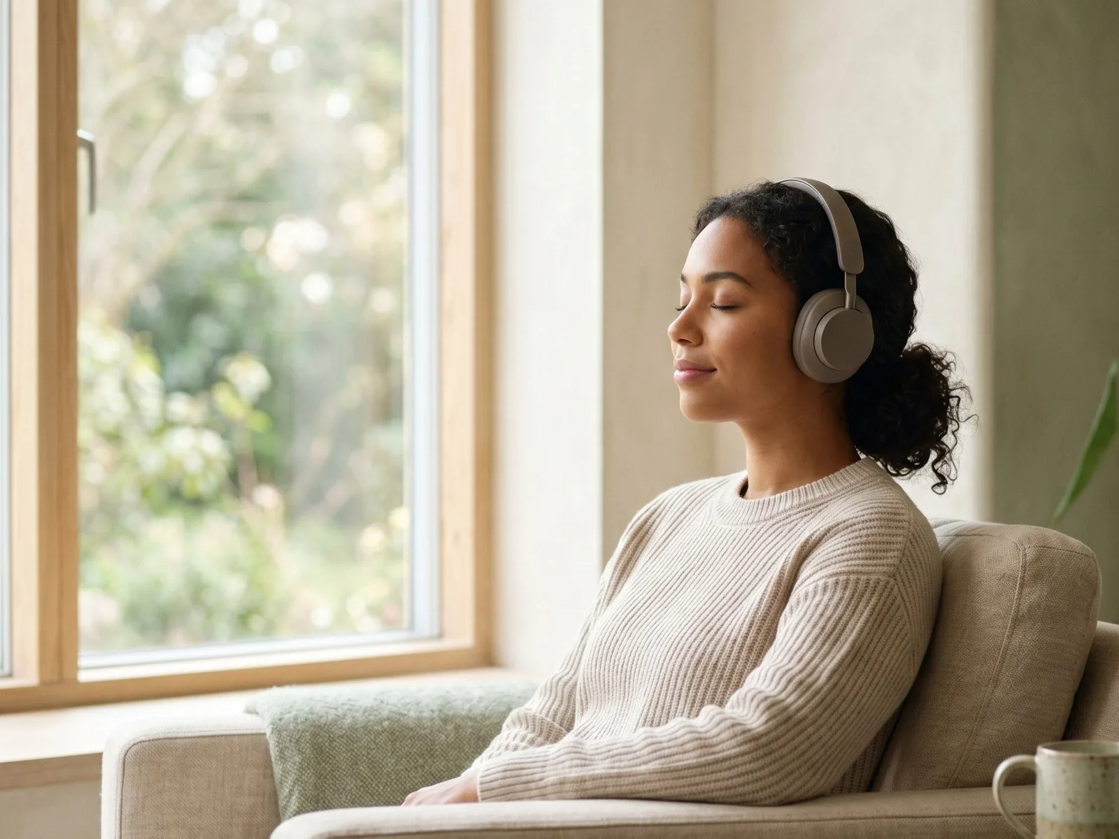 A woman wearing headphones, resting calmly beside a window