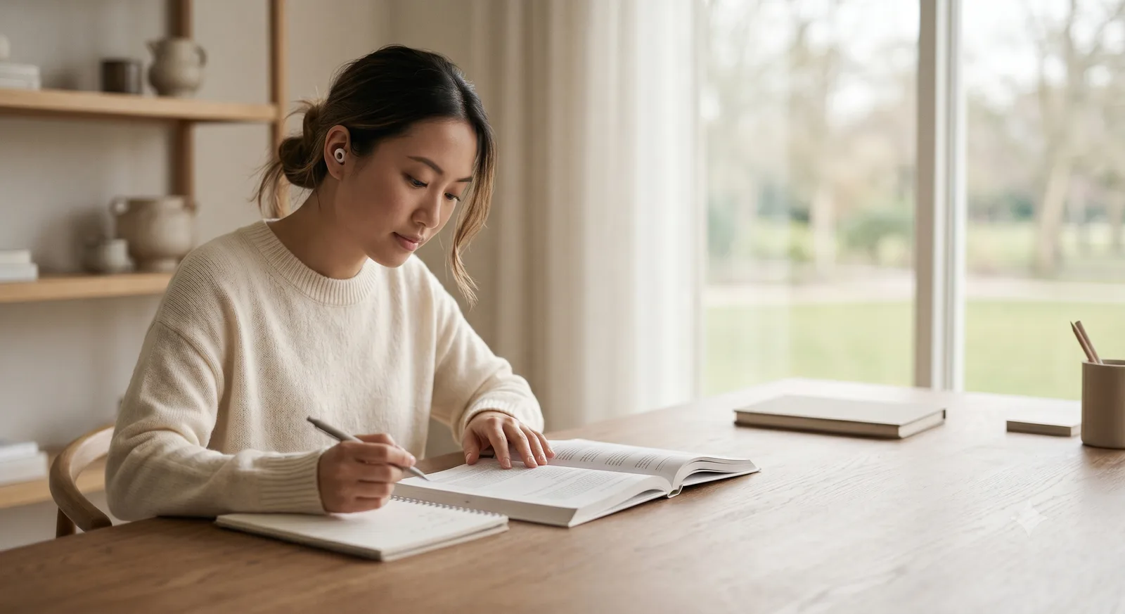 A woman working through a notebook and workbook at a calm desk, wireless earbuds in